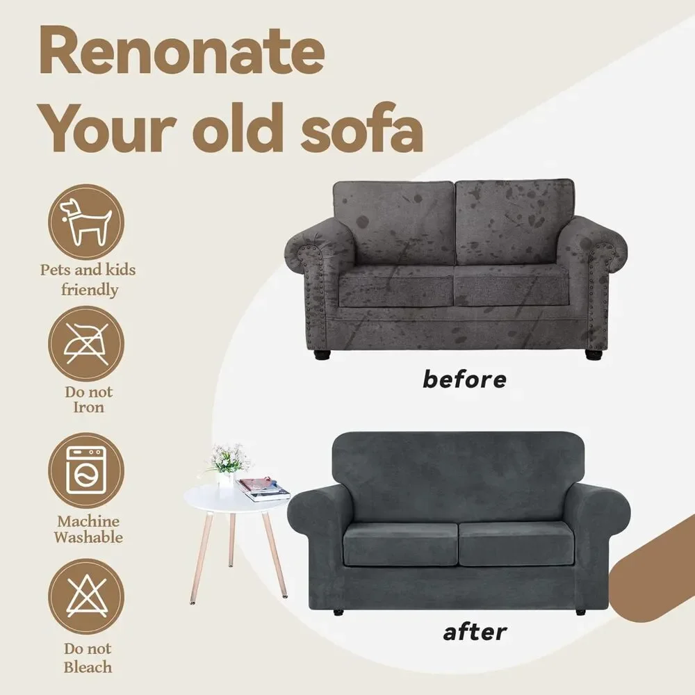 2 Cushion Loveseat Velvet Sofa Slipcover (Dark Grey, 3 Pcs)